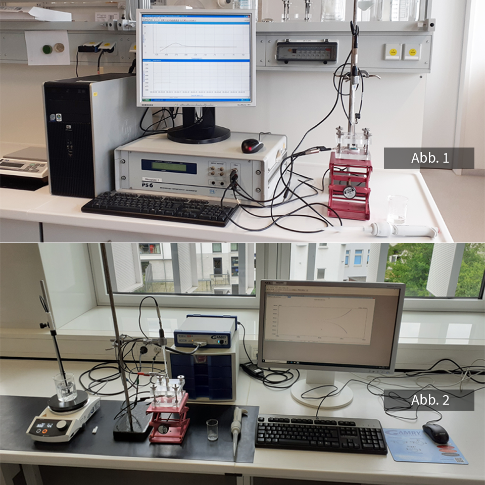 Fotos von Messgeräten im Labor, die auf dem Schreibtisch stehen, daneben Monitore