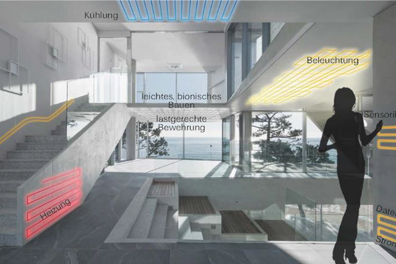 Graphic of an apartment with modern digital concrete/link leads to project website