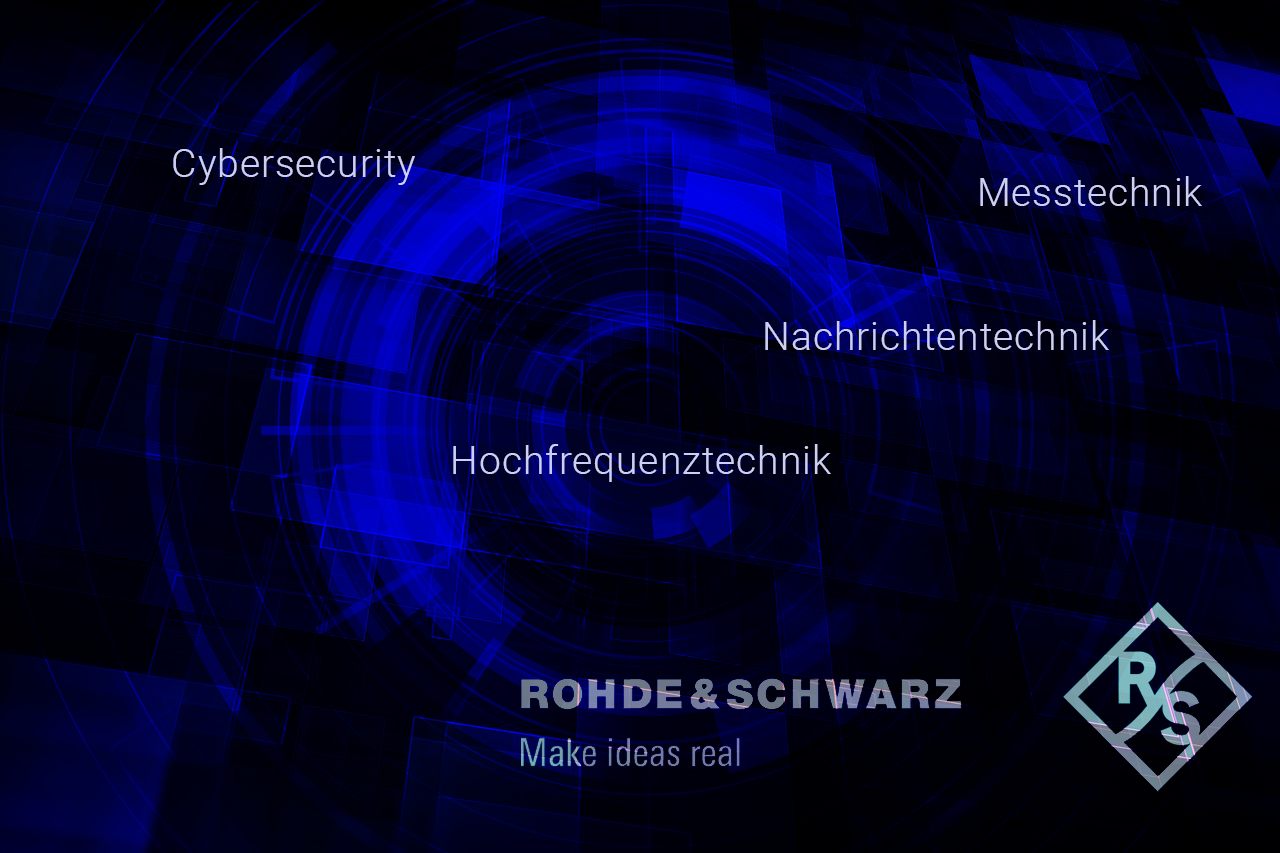 Dark blue image with AI design and various keywords and Rhode Schwarz logo