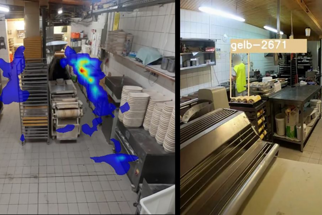 Optimierung Arbeitsprozess Bäckerei, Fotos einer Bäckerei und eingezeichnete Farbbereiche/Verlinkung führt zur Projektwebsite