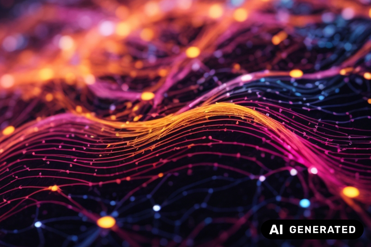 AI-generated image featuring colorful waves to represent networks; link leads to the project website