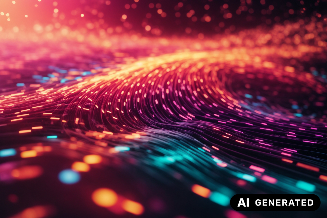 AI-generated image featuring colorful waves to represent networks; link leads to the project website