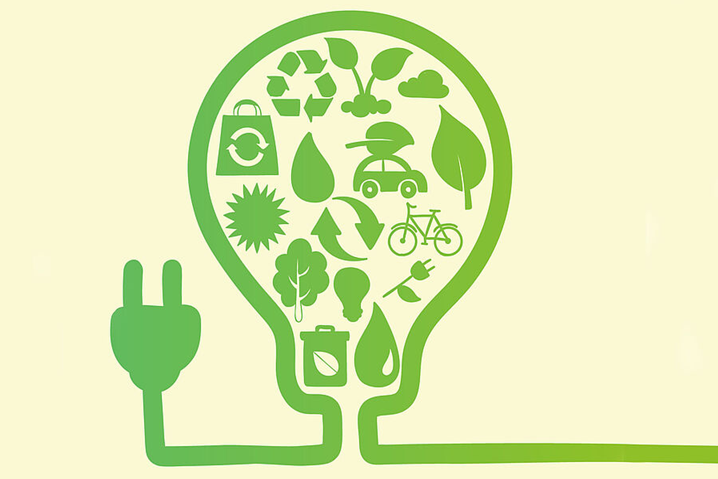 Infographic featuring wind turbines, a recycling logo, a light bulb, and a factory, all in green