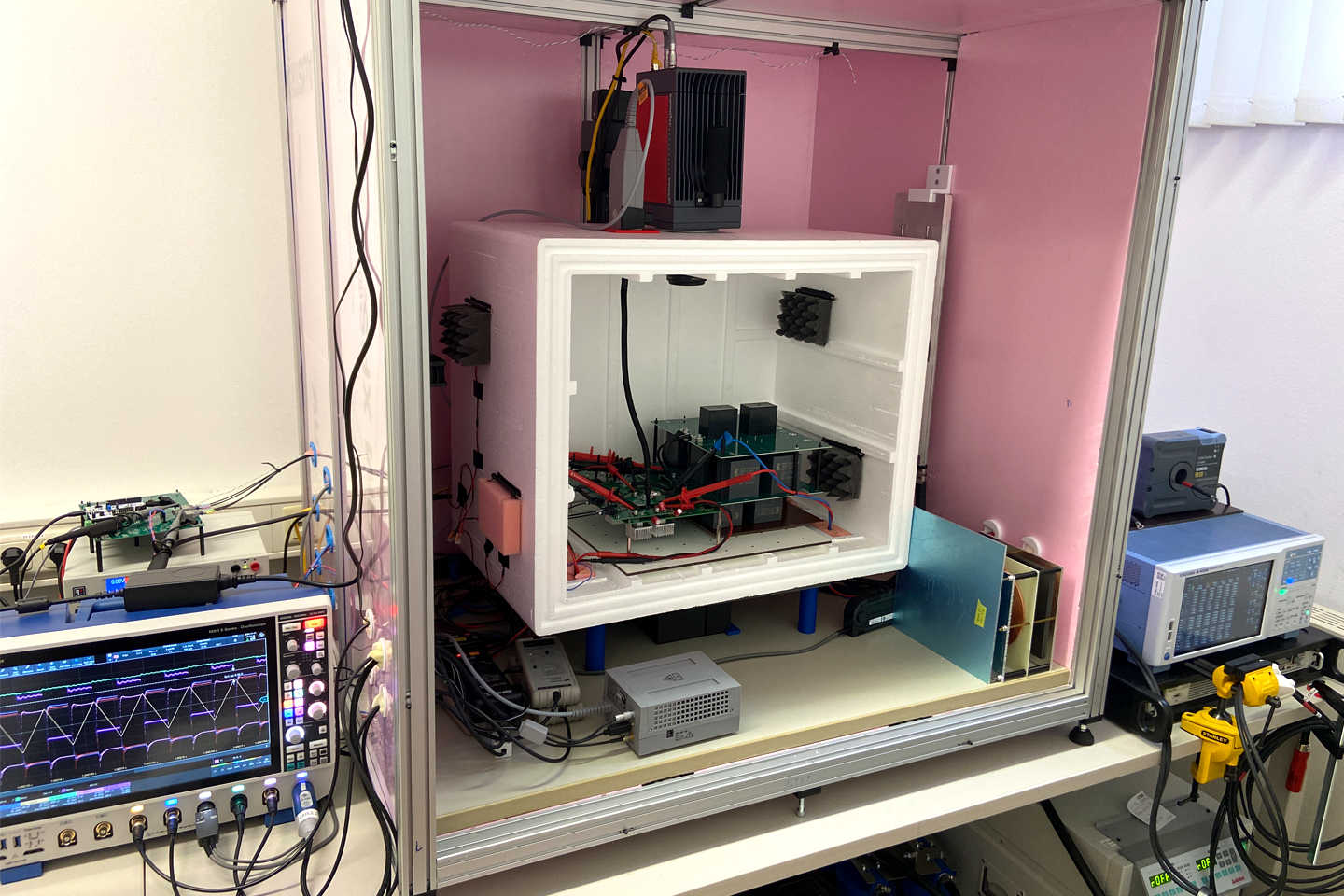Experimental setup, monitors, box with measuring instruments