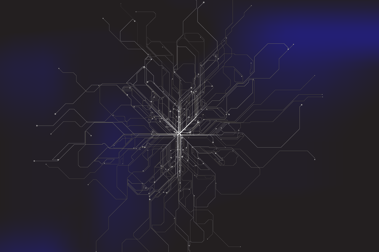 Iconic image of an energy distribution network system, dark background, glowing network structure; link leads to the project website