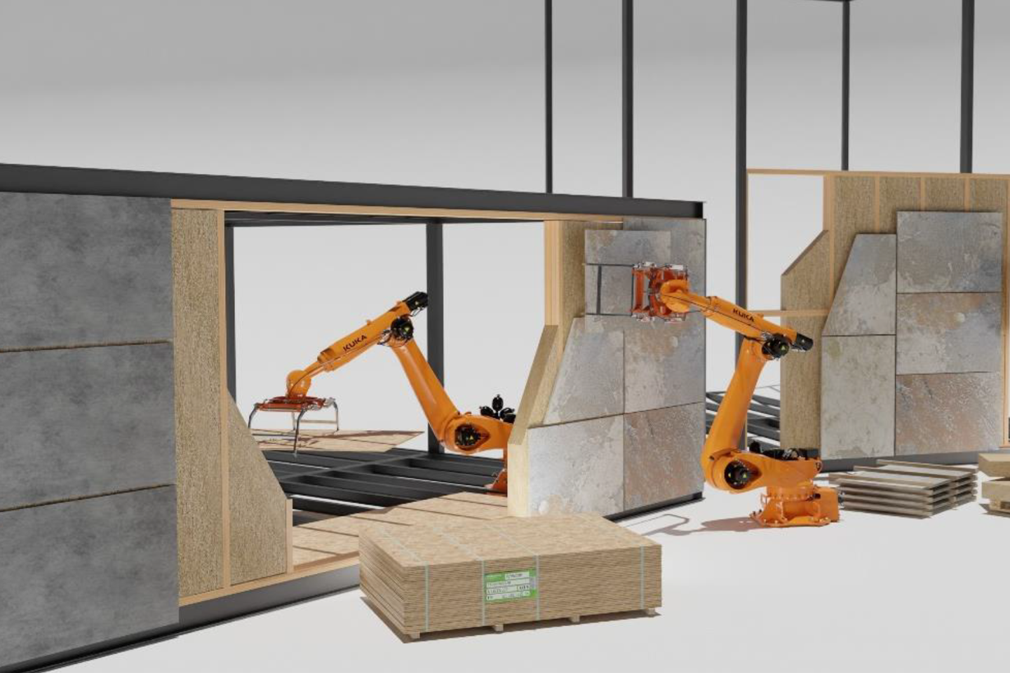Modular walls and wooden panels are assembled by robotic arms; clicking the link takes you to the project website