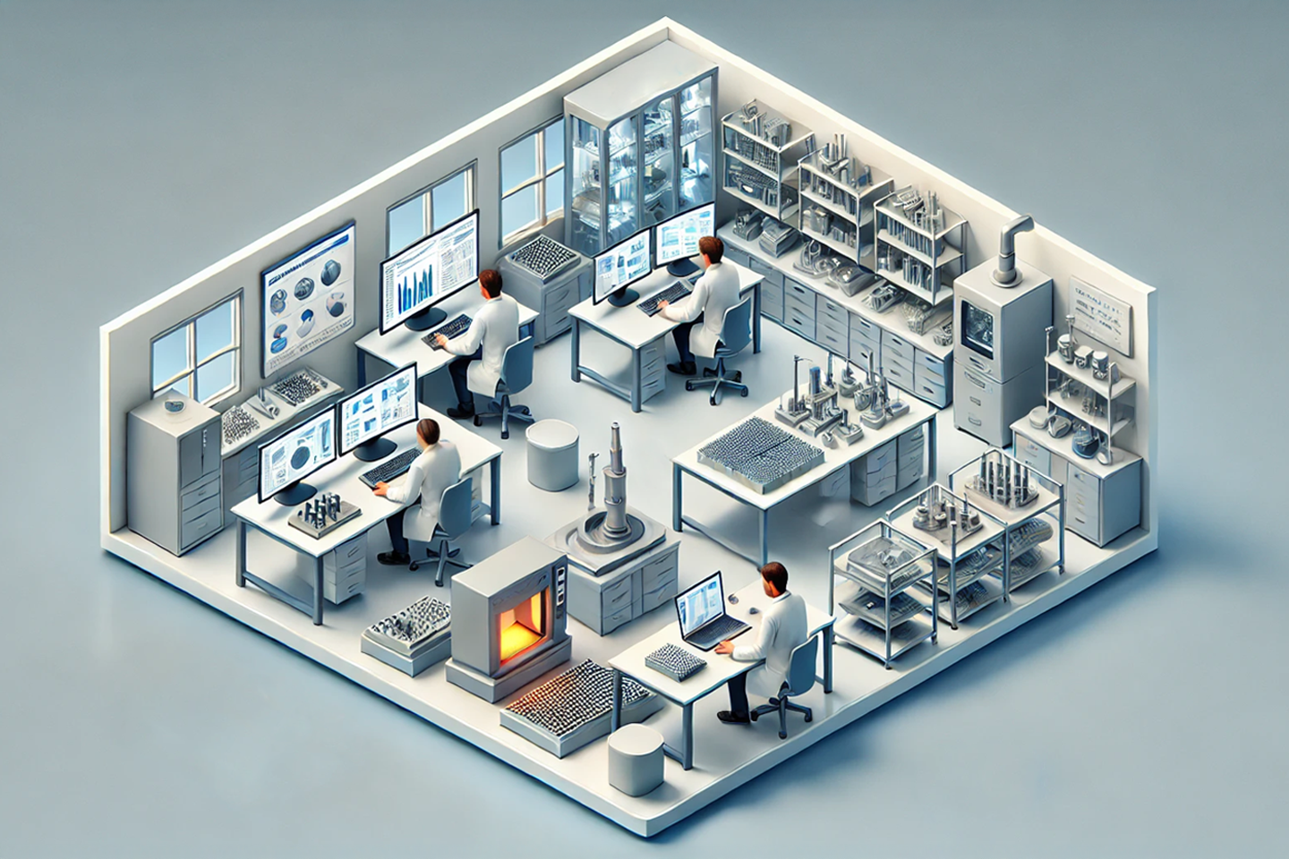 Isometric diagram of a laboratory with equipment and monitors for materials engineering / Link leads to the project website