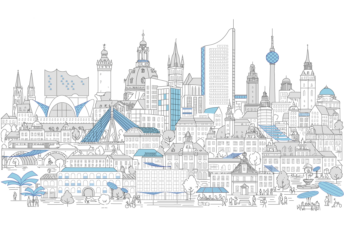 A sketch-like depiction of a large city with towers and well-known buildings in Leipzig