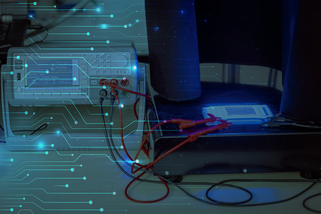 Solar energy meter, darkened photo, with digital signals displayed as glowing lines above it; clicking the link takes you to the project website