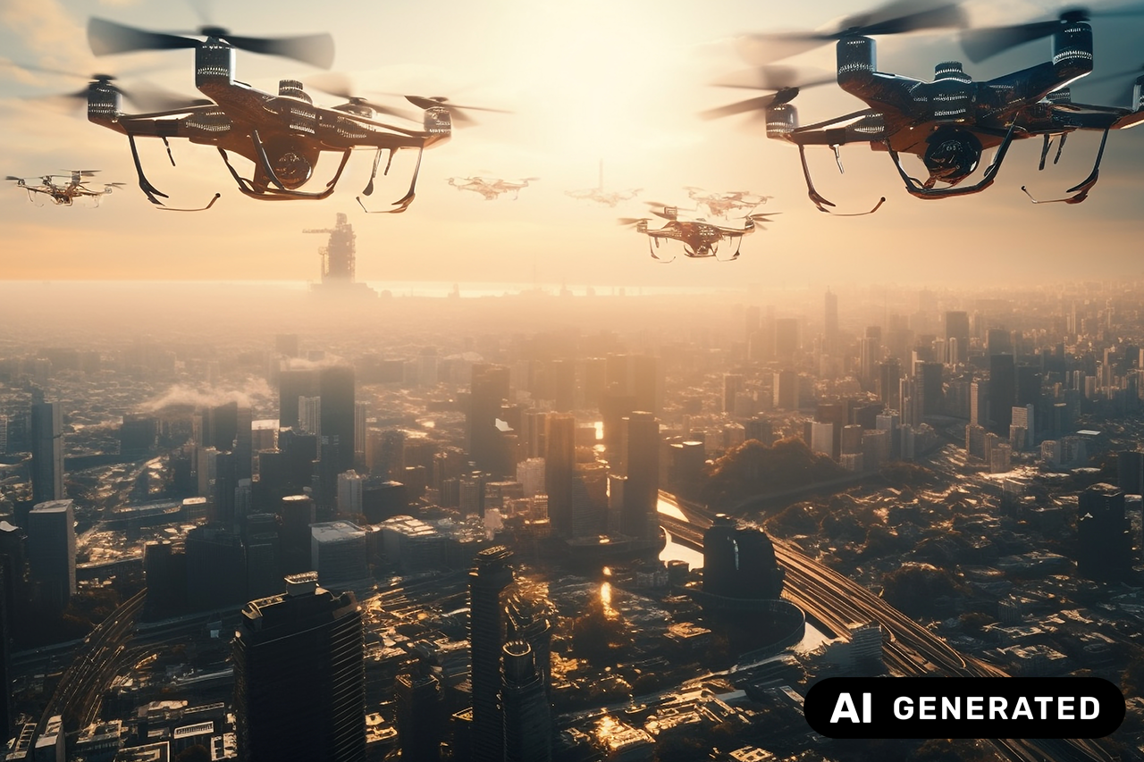 A swarm of drones equipped with sensors flies over a major city at sunset to analyze noise pollution / Link leads to the project website