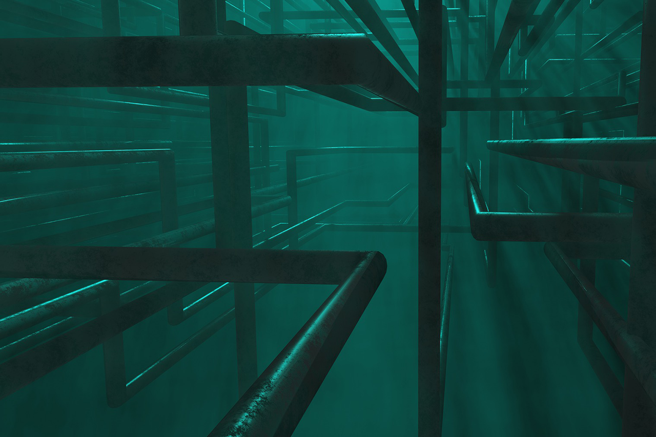 Pipes in a dark green, foggy room / Link leads to the project website