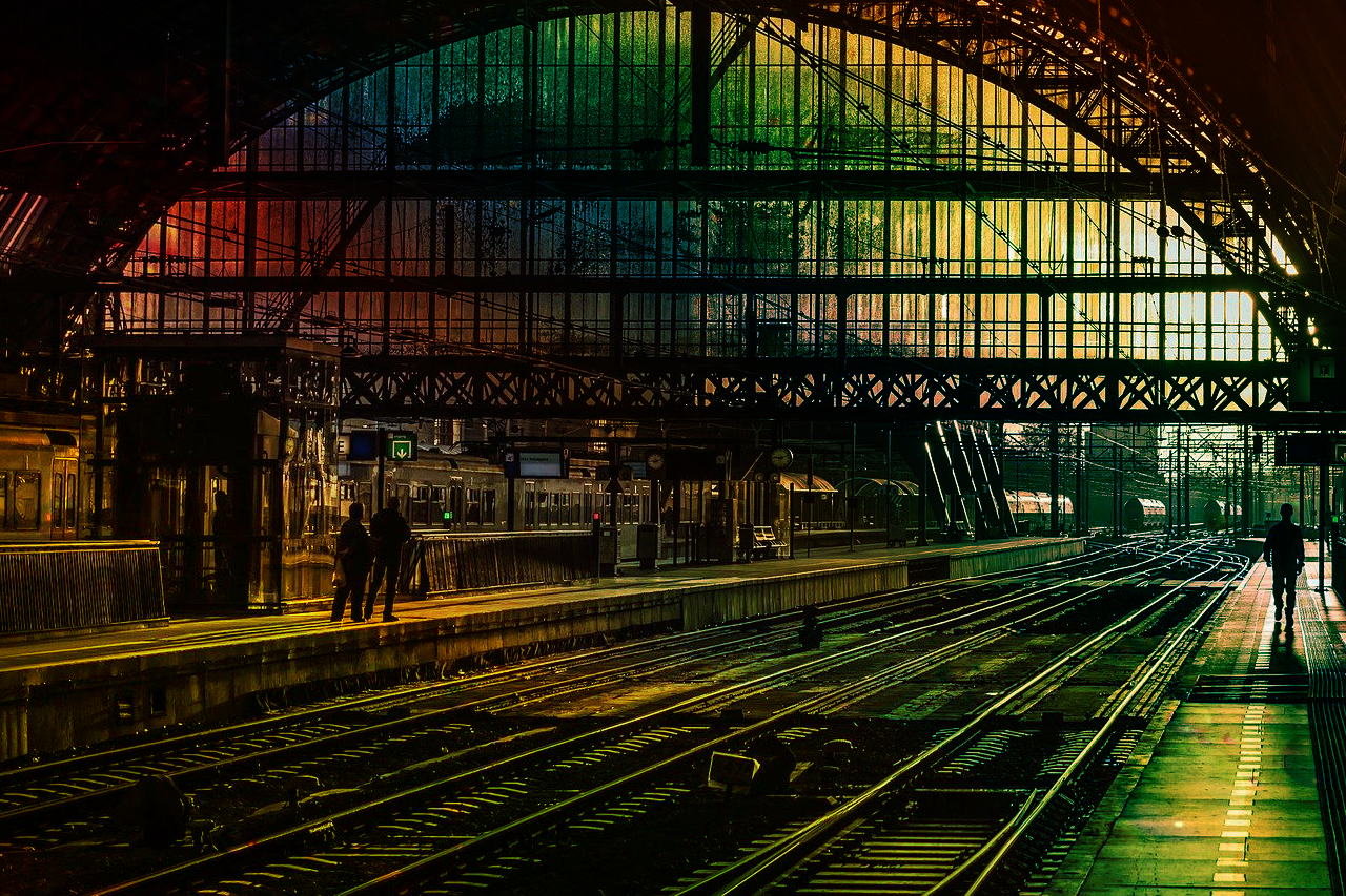 Train station concourse, dark colors / Link leads to the project website