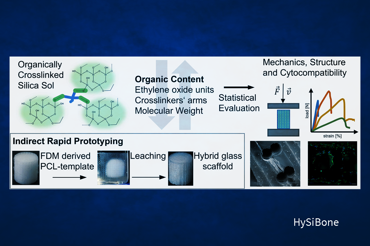 Complex scientific graphic for a 3D-printed bone implant