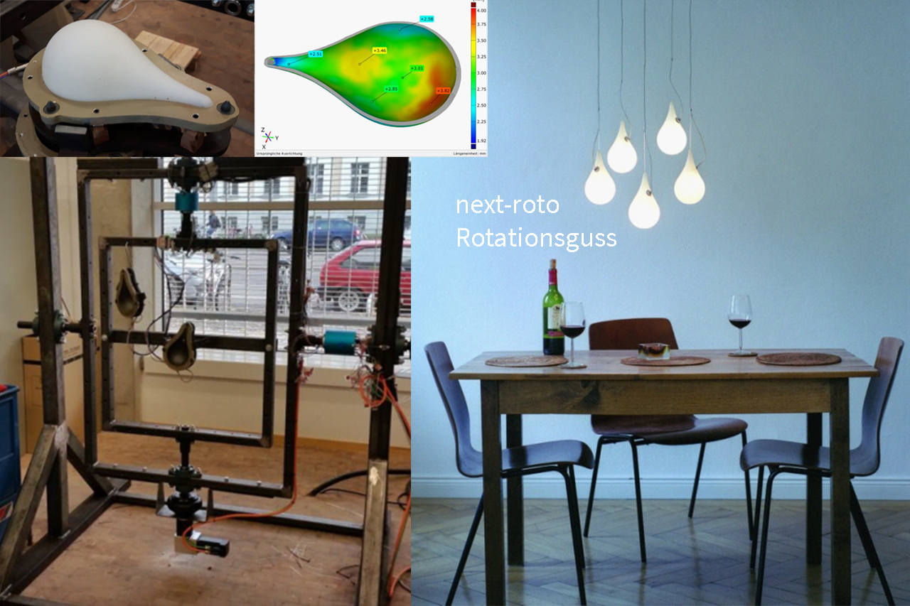 Photo on the left: a metal structure made of tubes; on the right: a table with chairs and stylish lamps hanging above it