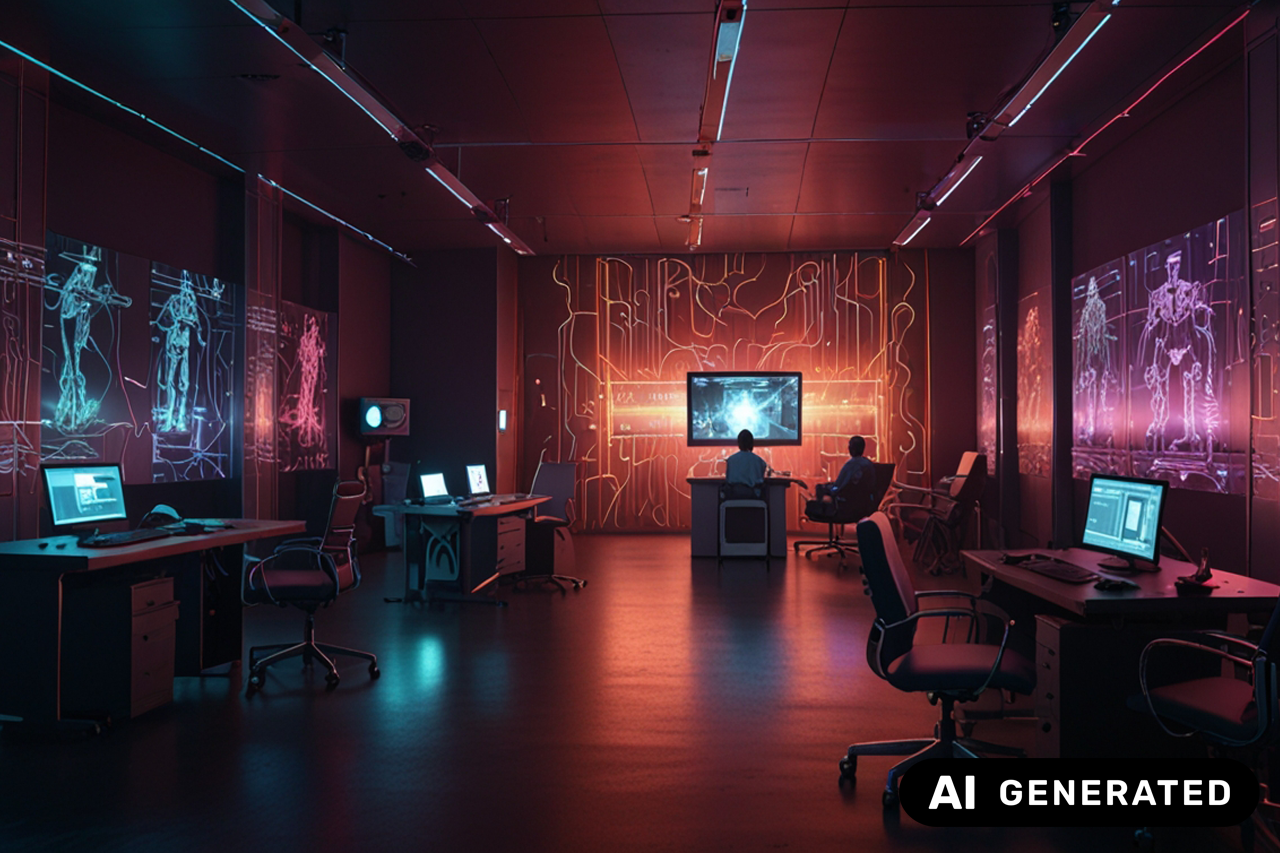 KI-generiertes Bild, fluoreszierende Farben in großem Raum, Monitore im Hintergrund, Personen die im Büro arbeiten/eine Verlinkung des Bildes führt zur Forschungsprojektwebsite