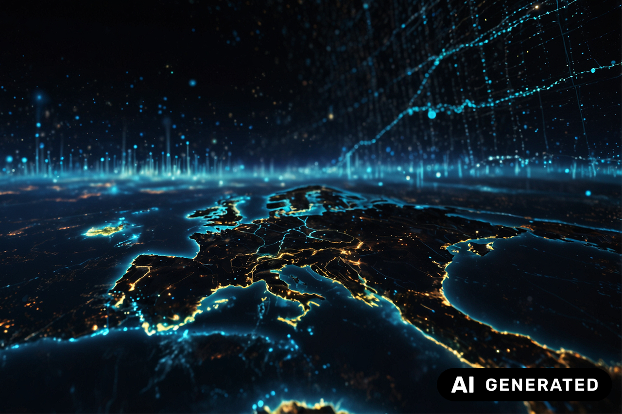 digitale Daten visualisiert mit Lichtströmen über europäischer Halbinsel bei Nacht/eine Verlinkung des Bildes führt zur Forschungsprojektwebsite