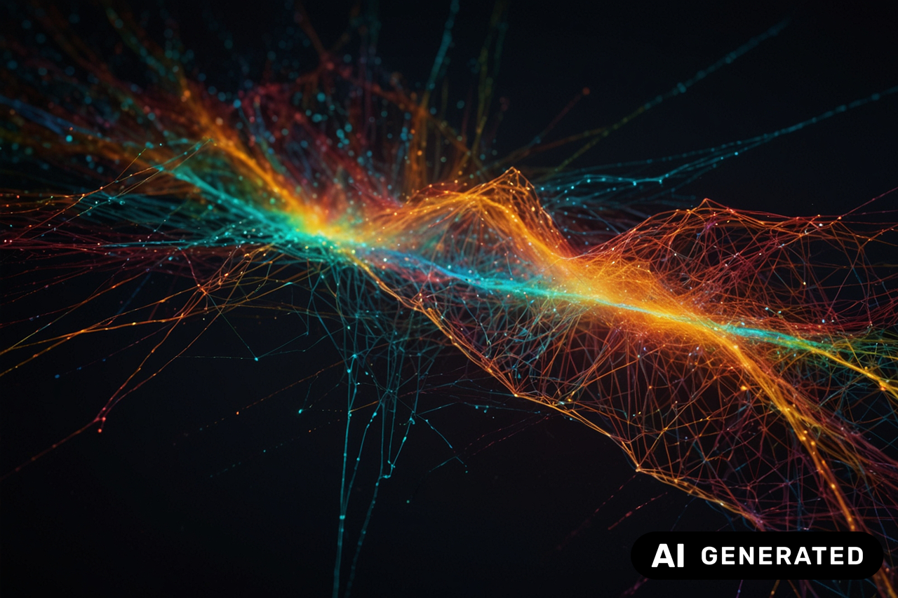 KI-generiertes Bild von digitalen Netzwerken mittels fluoreszierenden Farben, bunte leuchtende Streifen in einer Welle/eine Verlinkung des Bildes führt zur Forschungsprojektwebsite