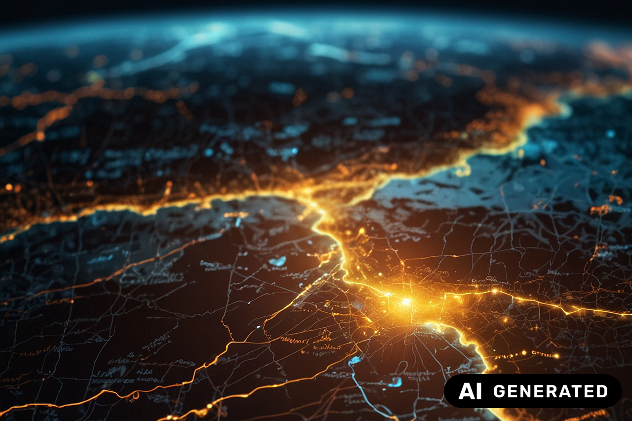 KI-generiertes Bild, Erde bei Nacht von oben, orange-leuchtende Ströme symbolisieren Daten- und Energiefluss/eine Verlinkung des Bildes führt zur Forschungsprojektwebsite