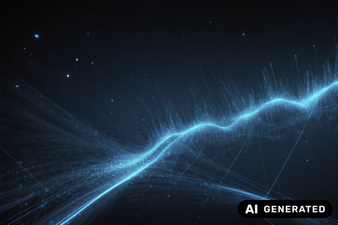 Ki-generiertes Bild, digitale Ströme und Daten als fluoreszierende Linien/eine Verlinkung des Bildes führt zur Forschungsprojektwebsite