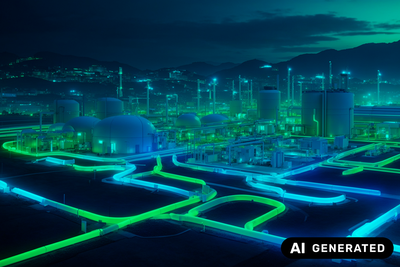 Ki-generiertes Bild, Wasserstoffwerk bei Nacht, leuchtend blaue und grüne Wasserstoffrohre wie eine Netzwerk über dem Boden und Industrietürme/eine Verlinkung des Bildes führt zur Forschungsprojektwebsite