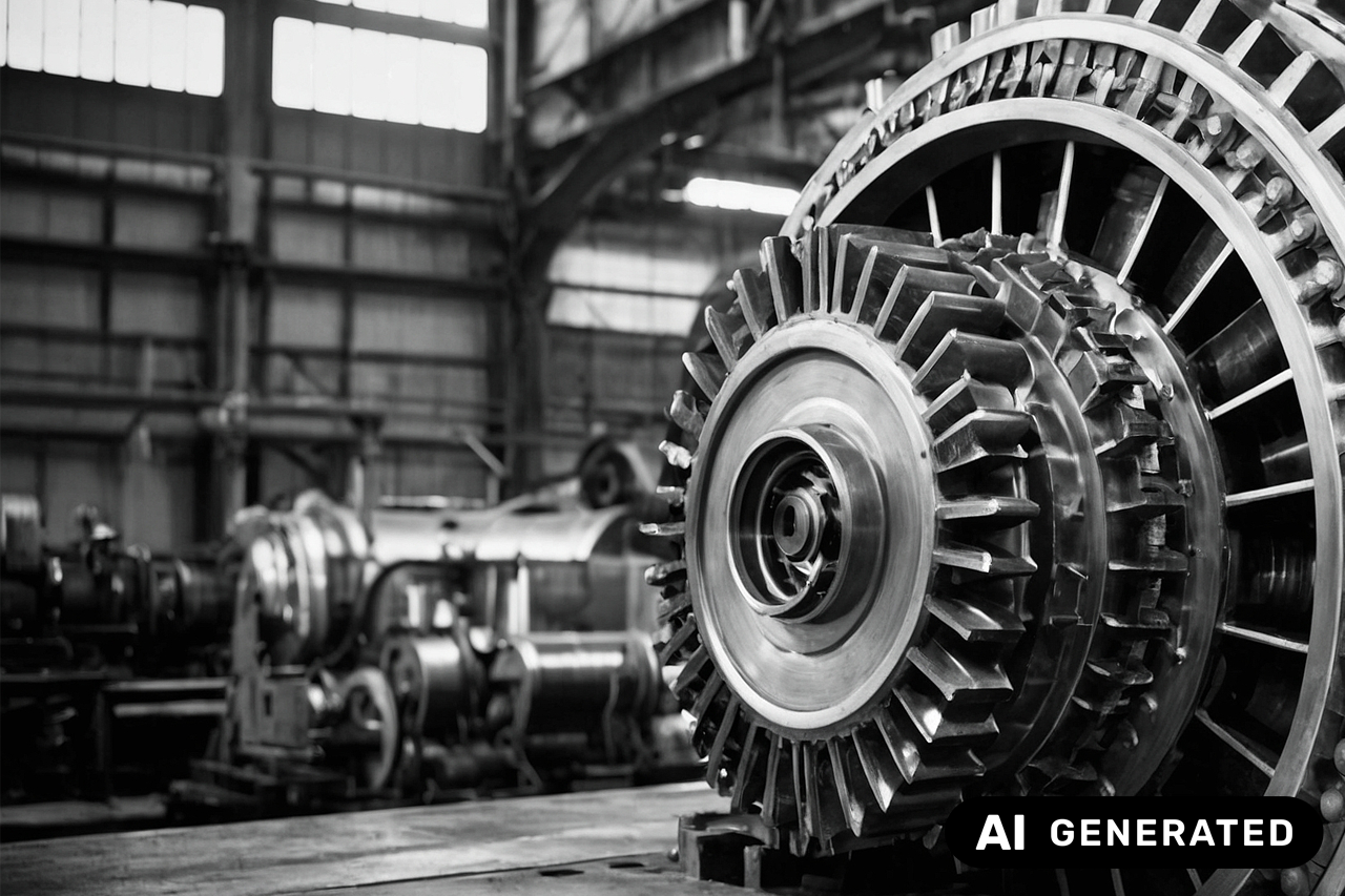Ki-Generiertes Bild von einer Turbine, Close-Up Aufnahme in monochromen Farben/eine Verlinkung des Bildes führt zur Forschungsprojektwebsite