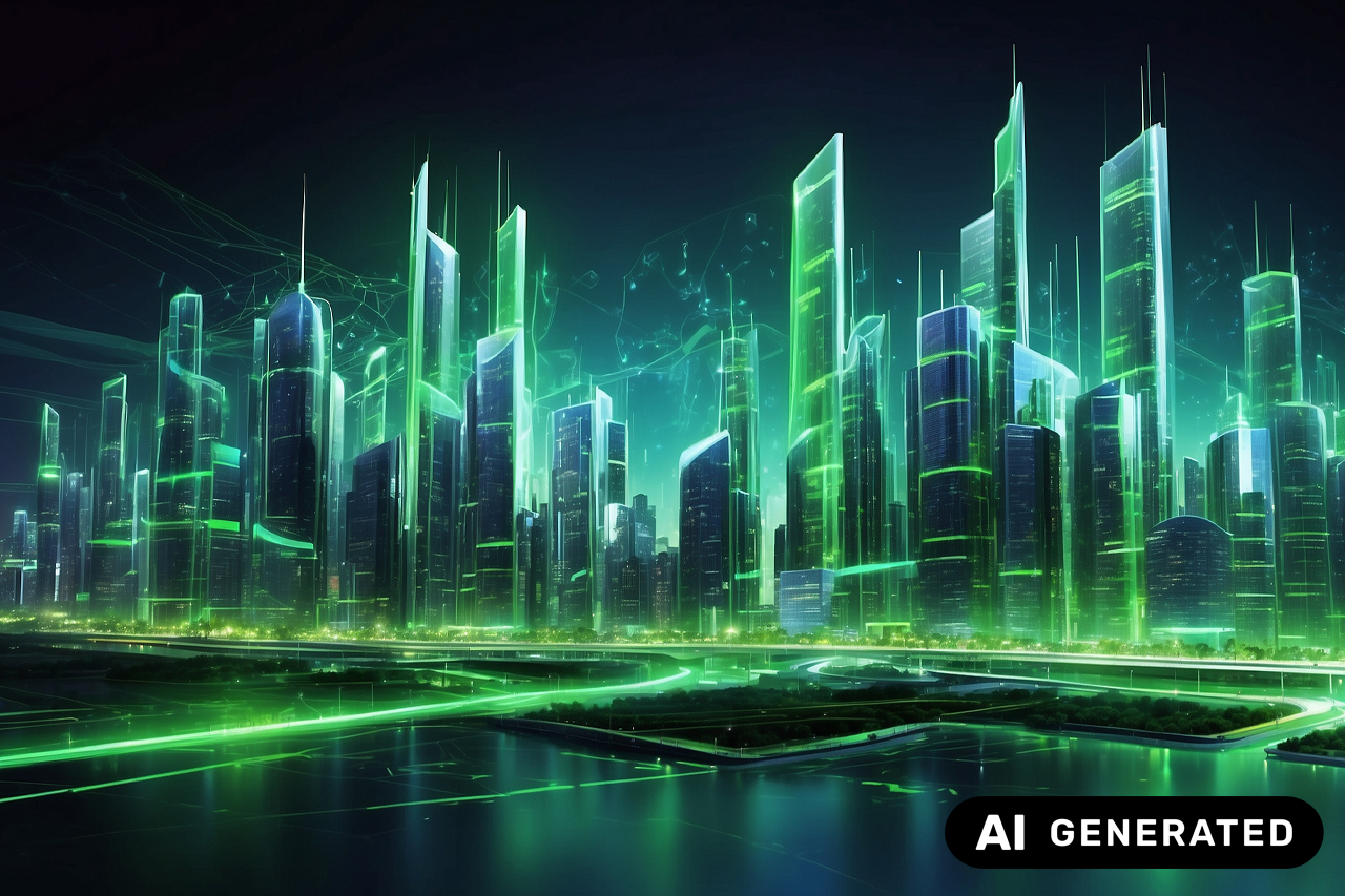 Ki-generiertes Bild grünlich leuchtende Großstadt mit Wolkenkratzern bei Nacht/Verlinkung führt zur Projektwebsite