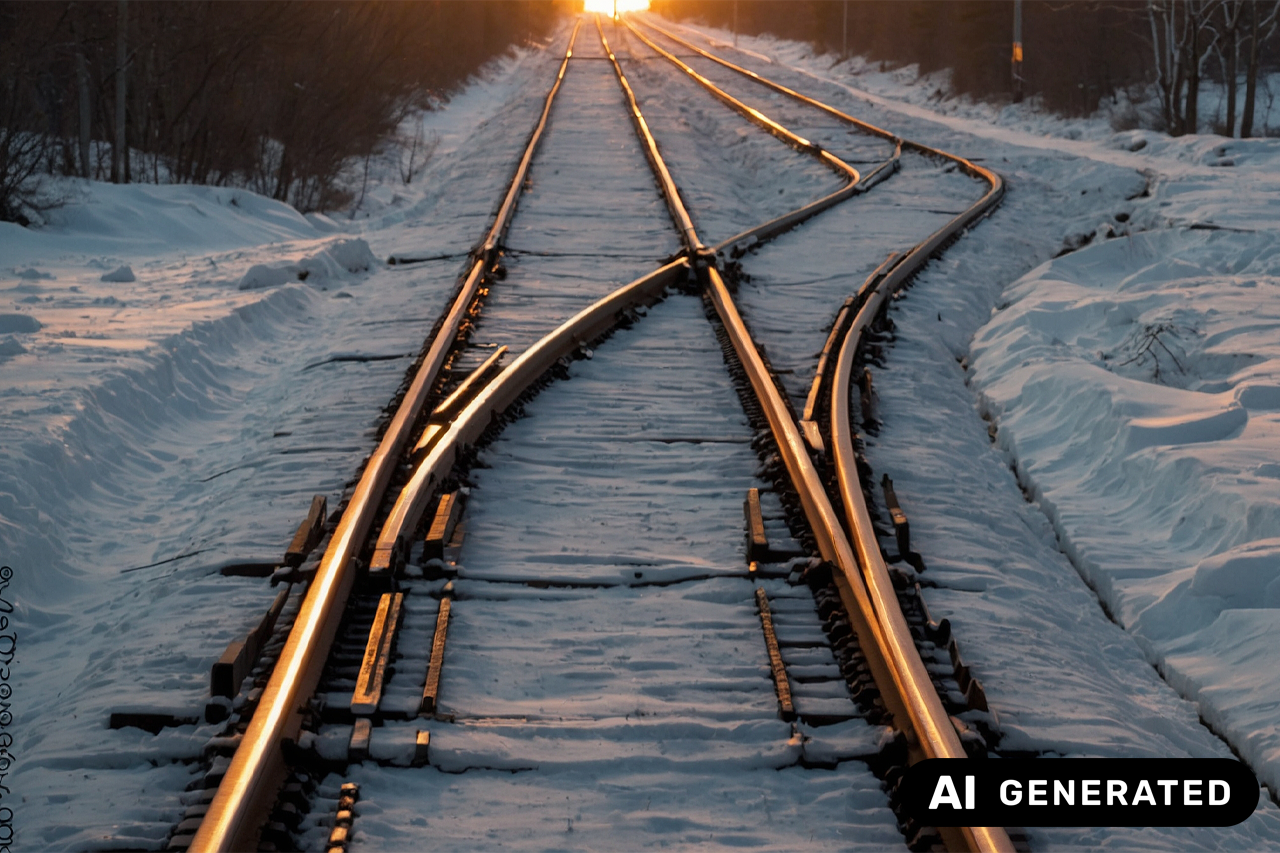 schneebedeckte Schienen, Schienennetz mit Weichen beim Sonnenuntergang/eine Verlinkung des Bildes führt zur Forschungsprojektwebsite