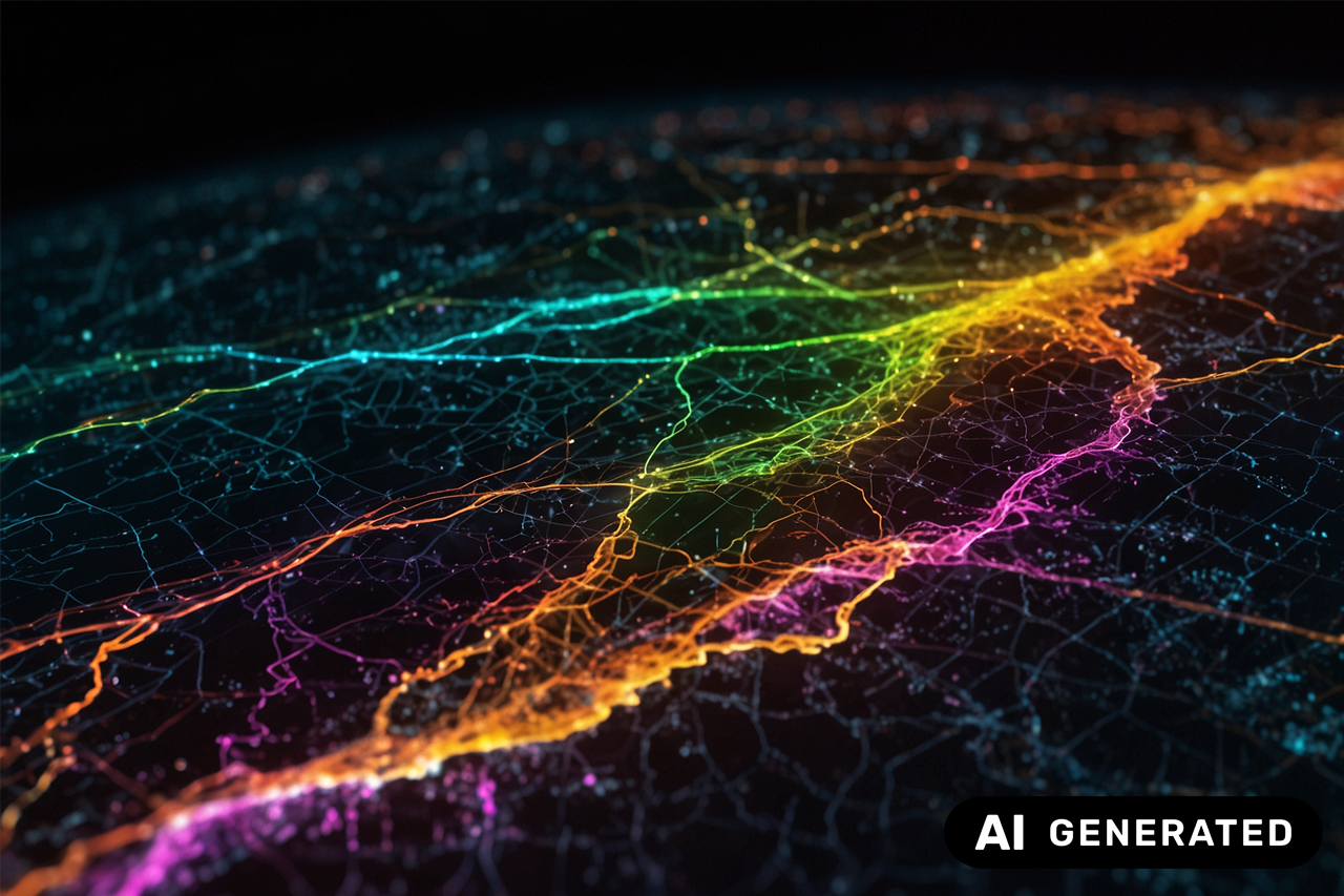 KI-generiertes Bild - Blick aus dem Weltall auf die Erde bei Nacht, fluoreszierende Lichtströme symbolisieren Datenströme/eine Verlinkung des Bildes führt zur Forschungsprojektwebsite