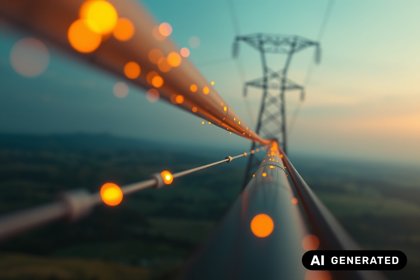 KI-generiertes Bild - Nahaufnahme von Kabel, das zum Strommasten mit Hochspannung führt bei Sonnenuntergang/bei Verlinkung führt Link zur Projektwebsite