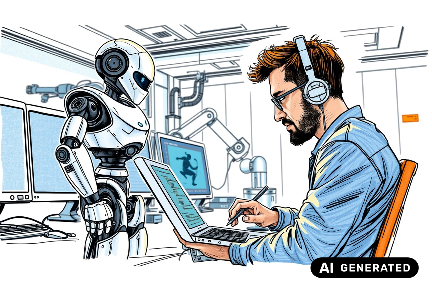 Humanoider Roboter steht neben dem Tisch, an dem Ingenieur sitzt, der Bewegungen am Laptop programmiert/eine Verlinkung führt zur Projektwebsite