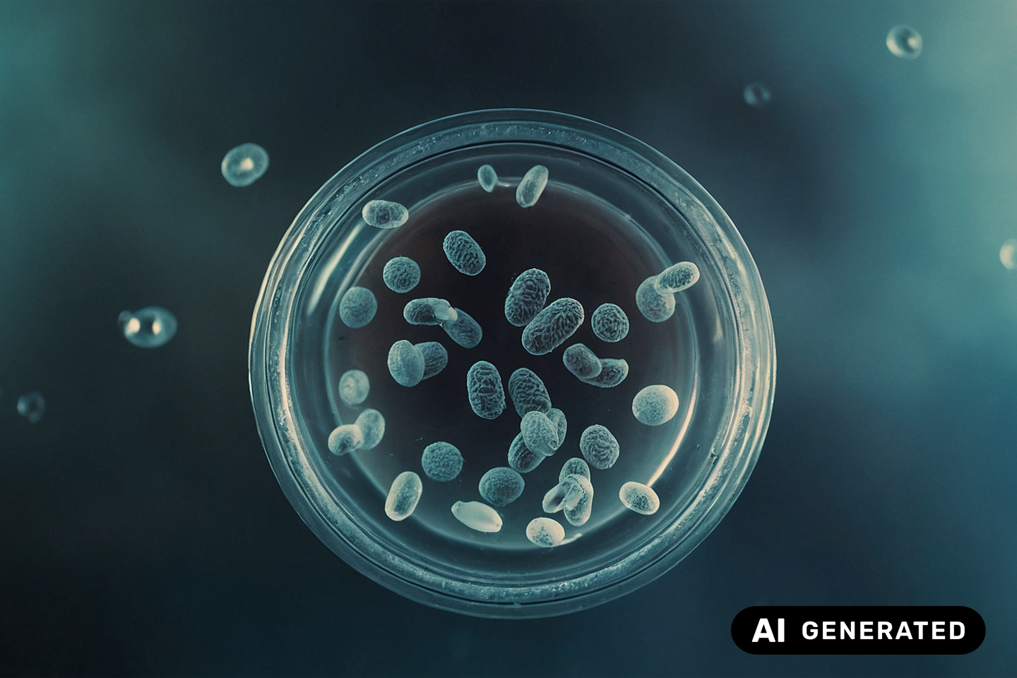 KI-generiertes Bild, mikroskopisches Foto von E.Coli Bakterien in Trinkwasser in einer Petrischale/bei Verlinkung führt Link zur Projektwebsite