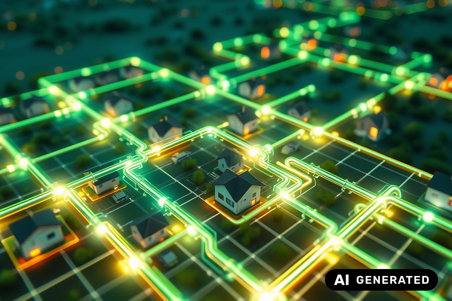 KI-generiertes Bild einer Stadt mit grün leuchtenden Wasserstoffverteilnetz als Wärmeversorgung/bei Verlinkung führt der Link zur Projektwebsite