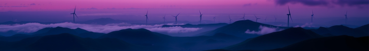 Ki-generiertes Bild - eine weite Landschaft bei Dämmerung, steppenähnlich, Nebel, Wolken und Windräder sind in der Ferne zu sehen