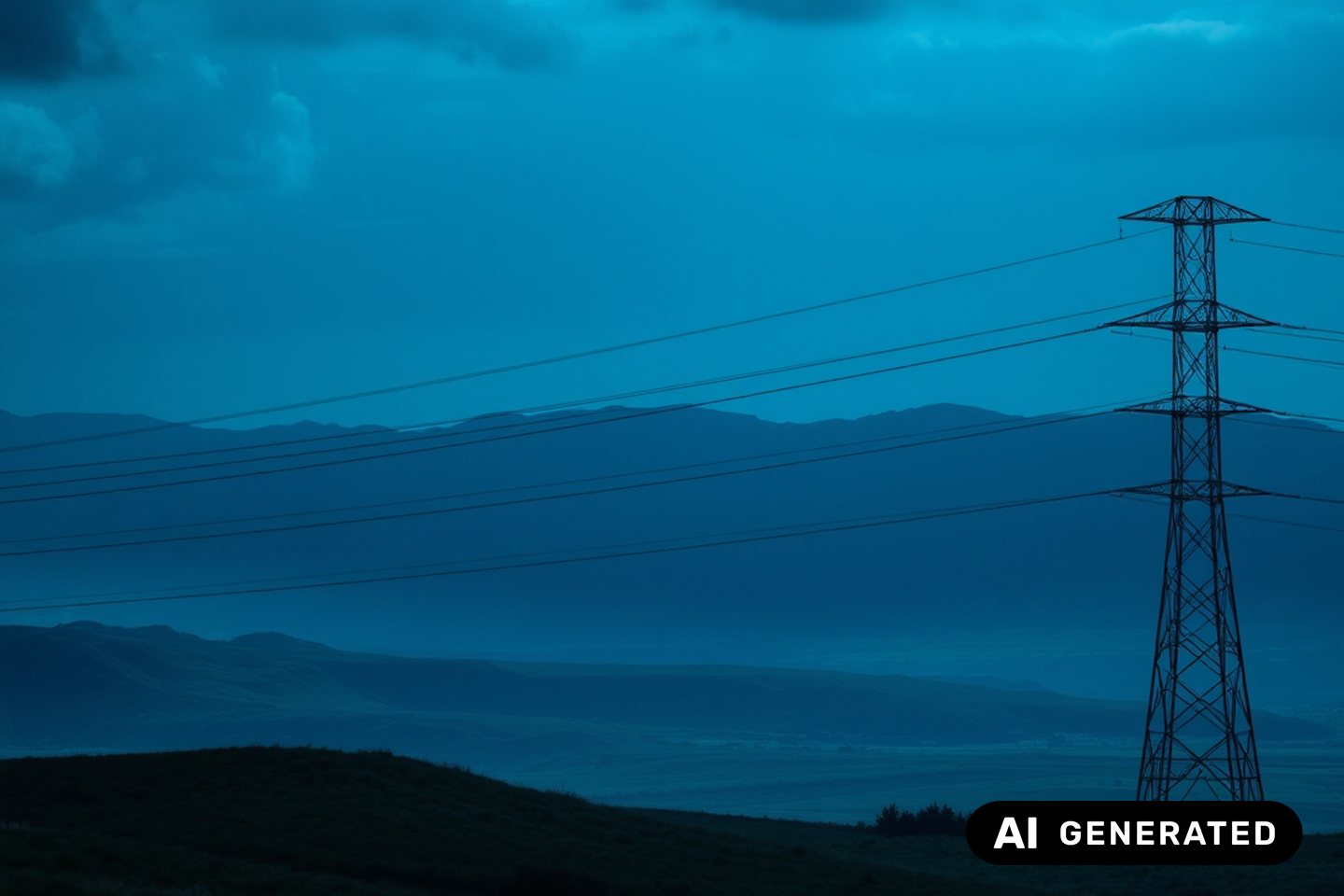 Freileitung bei Dämmerung in weiter Landschaft/eine Verlinkung des Bildes führt zur Forschungsprojektwebsite