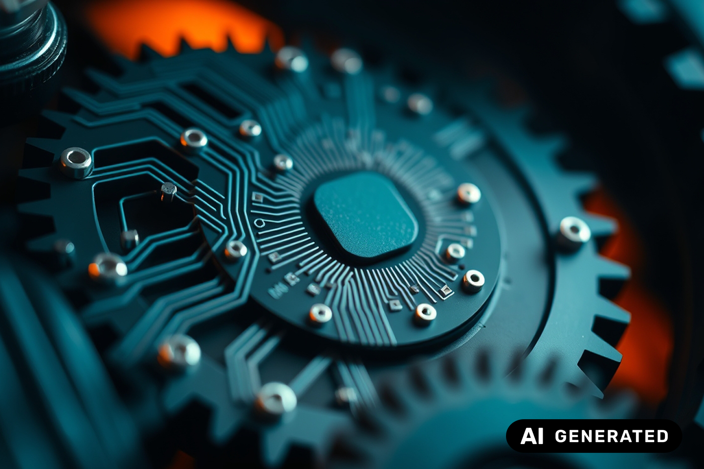 Ki-generiertes Bild ein Computerchip auf einem Zahnrad/eine Verlinkung des Bildes führt zur Forschungsprojektwebsite