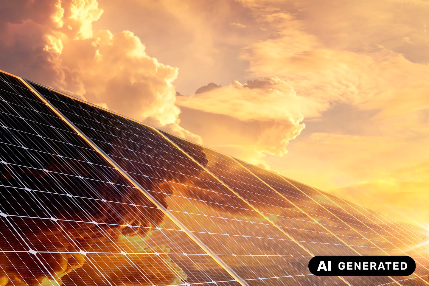 Solarzellen, Wolken spiegeln sich auf Oberfläche bei Sonnenuntergang/Verlinkung führt zur Projektwebsite