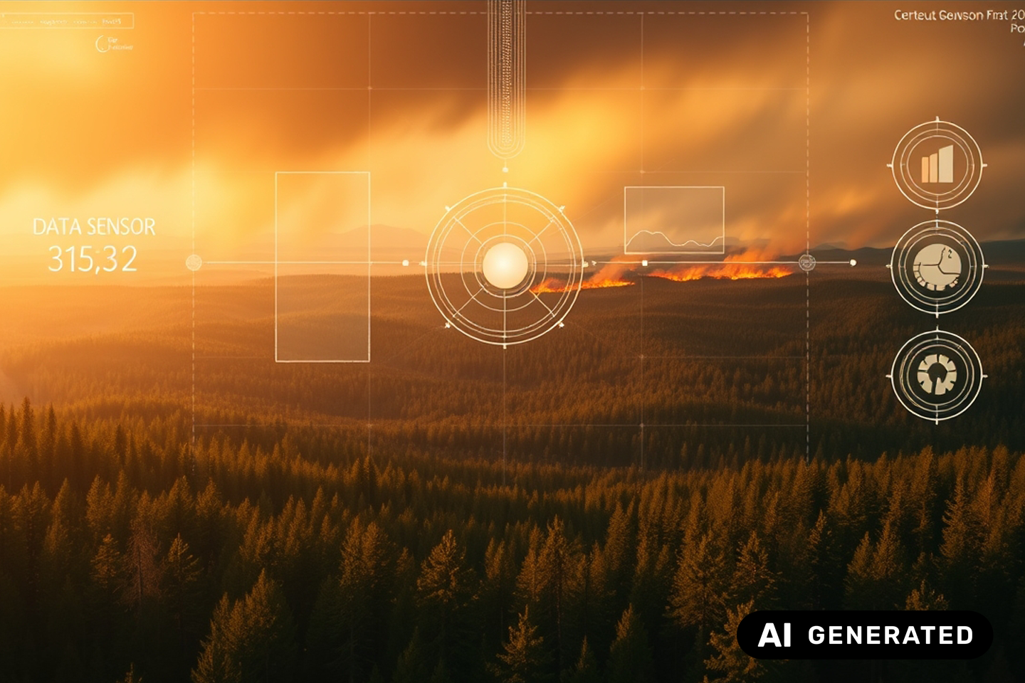 Ki-generiertes Bild Blick durch Kameraobjektiv auf eine weite Waldlandschaft, hinten im Wald steigt Qualm von einem Feuer auf, im Objektiv werden Messdaten angezeigt/eine Verlinkung des Bildes führt zur Forschungsprojektwebsite