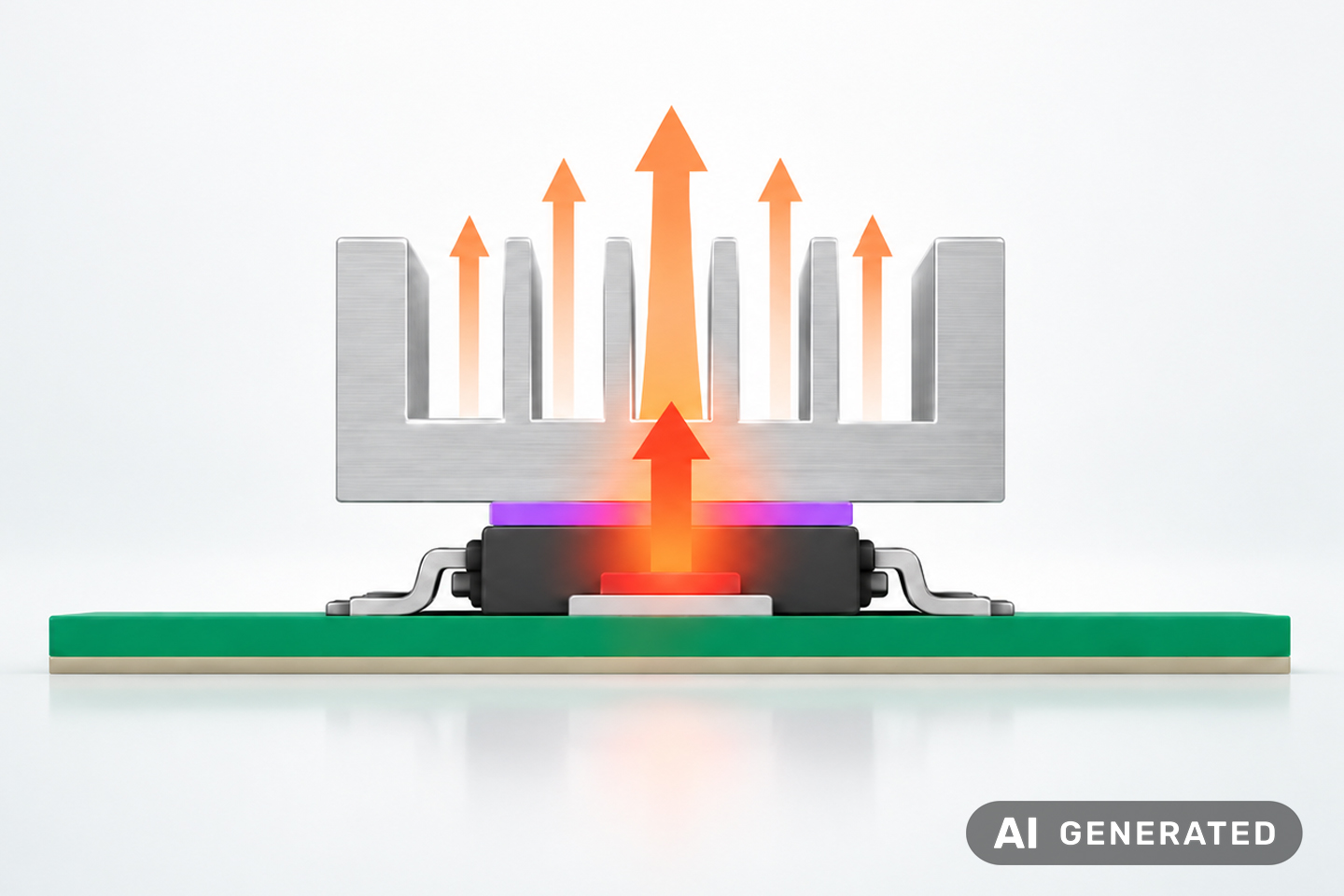 AI-generated image with red arrows indicating heat and a semiconductor
