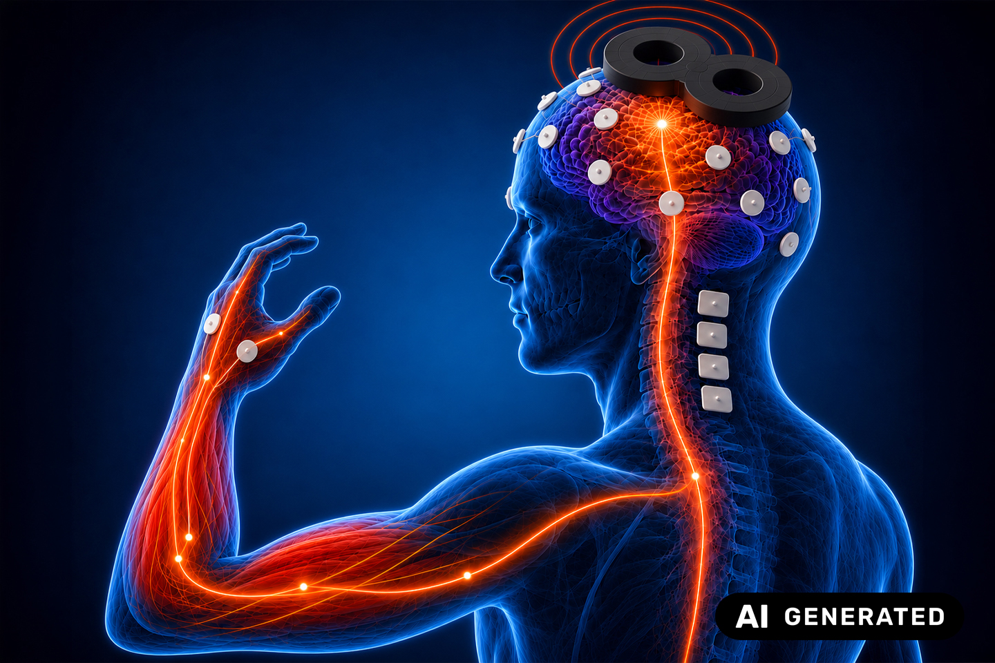 transparent human body, inside glowing vessels, on the humans head is a magnet in form of an eight