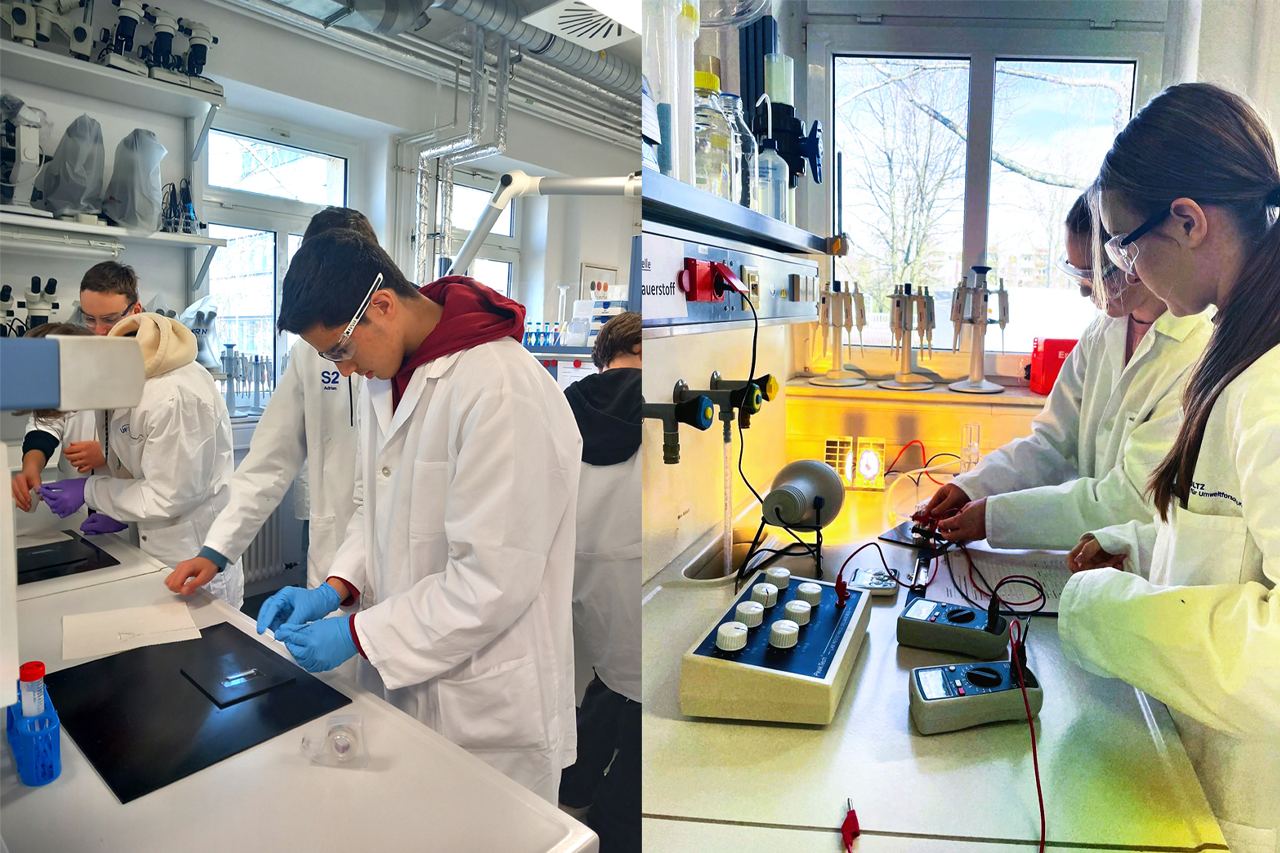 Schülerinnen und Schüler bei Experimenten mit der Brennstoffzelle 