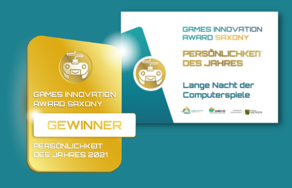 Games Innovation Award Saxony für die Computerspielenacht goldenes Eblem mit der Aufschrift Games Innovation Award Saxony Gewinner in der Kategorie Persönlichkeit des Jahres