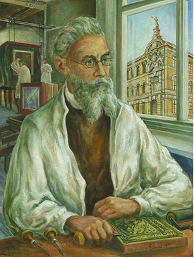 Gemälde, Porträt eines Mannes im weißen Kittel